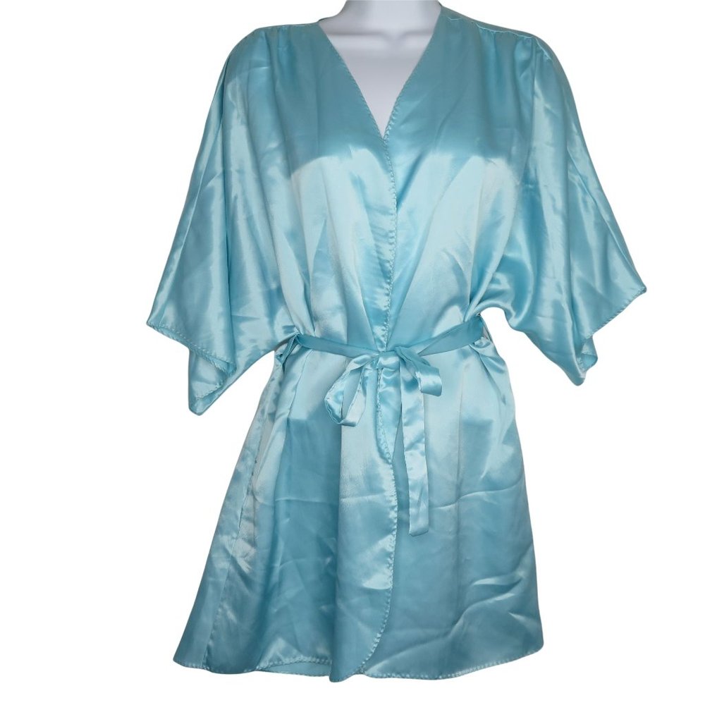 Vintage 80s Jayre California Short Blue Floral Kimono Robe L Belted Pocket USA